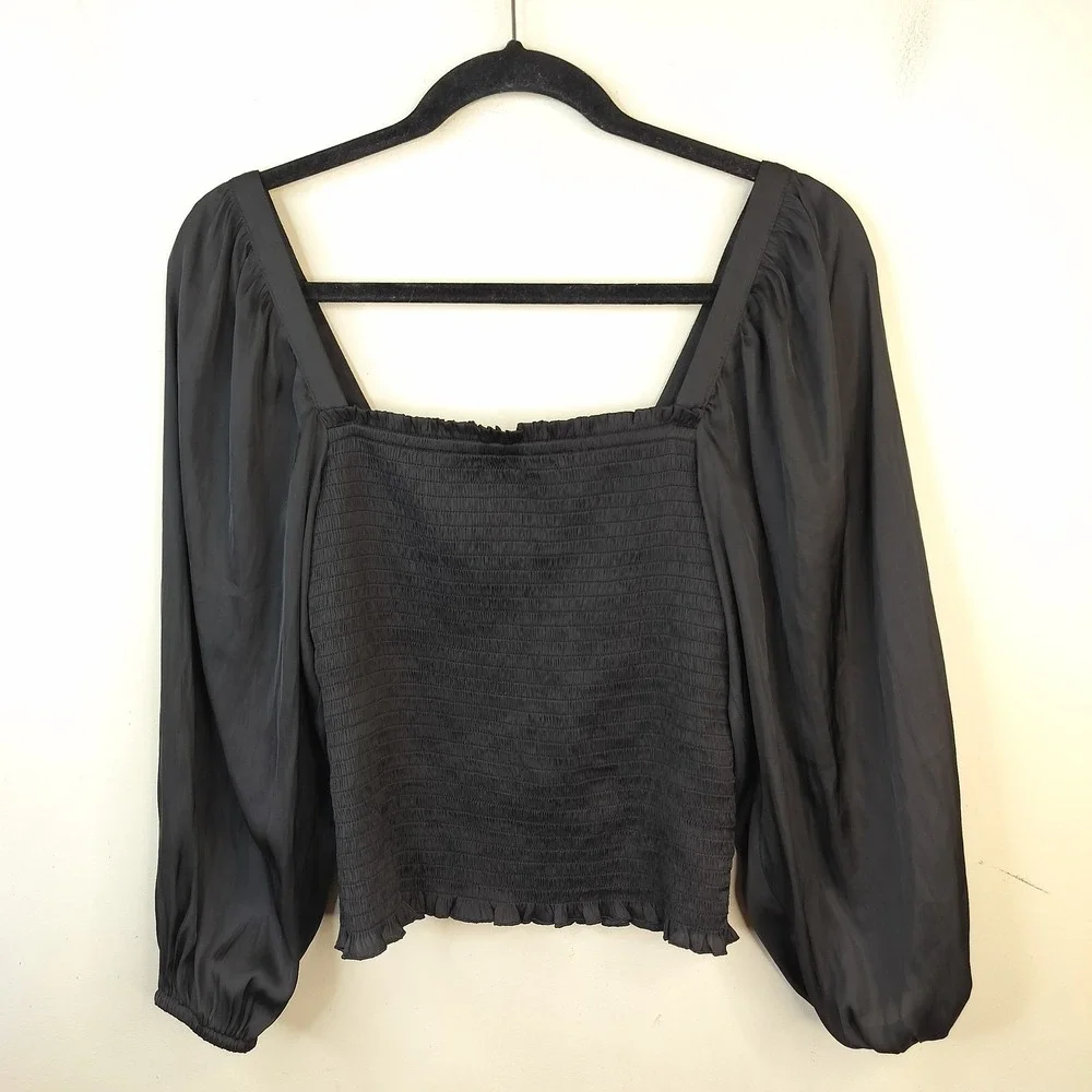 J.Crew Smocked Satin Top Blouse Womens XS Puff Sleeve Square Neck Black
